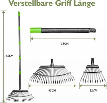 Садовий віяловий граблі Rechen Garten, 2511 зубців, металевий, з регульованою ручкою (70-185 см), для важкого листя, граблі для листя, трави та ґрунту, у комплекті з 2 парами рукавичок