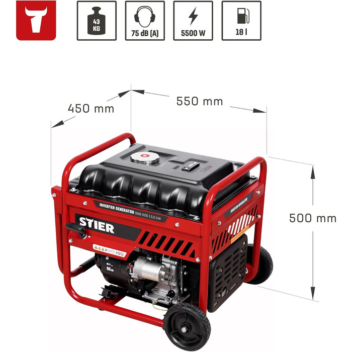 Інверторний генератор STIER SNS-500 5,0 кВт 75 дБ(A), Бензиновий аварійний генератор, Не потребує особливого обслуговування, для використання на вулиці, підходить для заряджання акумуляторів, компактний