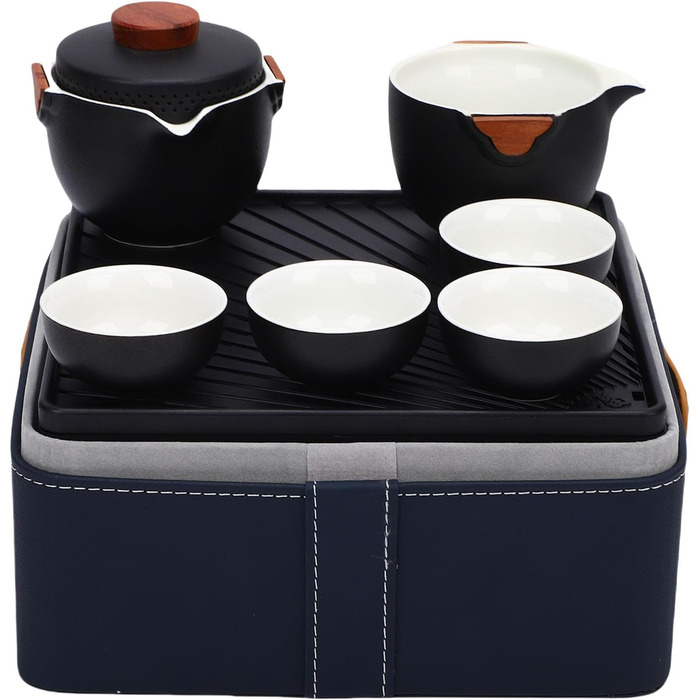 Портативний набір для чаювання в стилі гунфу, керамічний чайник з дорожнім чохлом та чашками для активного відпочинку та офісу