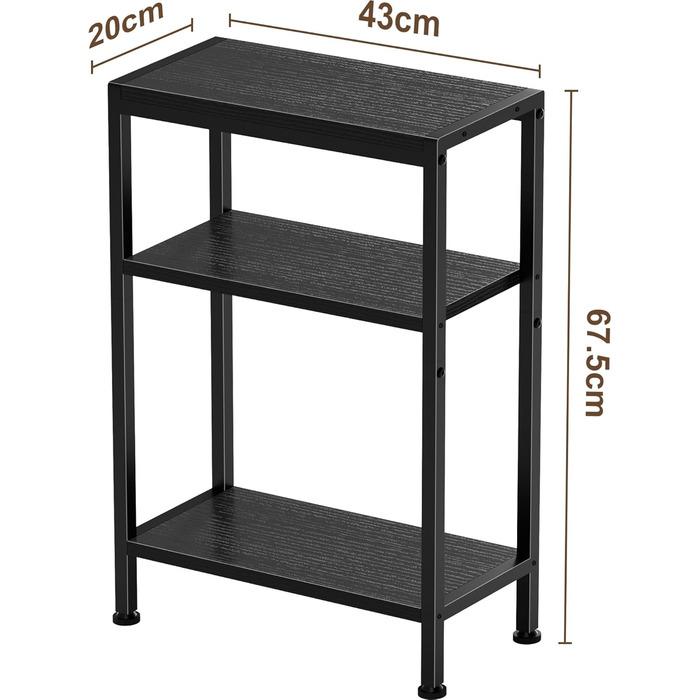 Вузький приставний столик, тумбочка біля ліжка, маленький столик, 3 полиці, вузька тумбочка з місцем для зберігання, приставний столик до дивана для вузьких приміщень, вітальні, спальні, кухні та балкону, кабінету (чорний) 20Г x 43Ш x 67,5В см Чорний 1