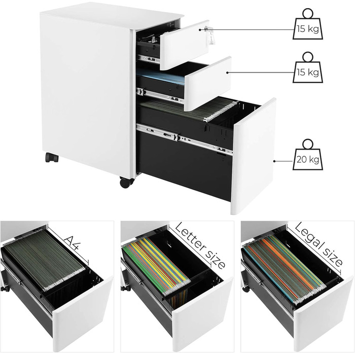 Мобільна картотечна шафа SONGMICS, офісна шафа на колесах, настільна шафа, підлогова шафа, що замикається, шухляди, документи форматів DIN A4, Legal та Letter, підвісна система для файлів, білий OFC030W01