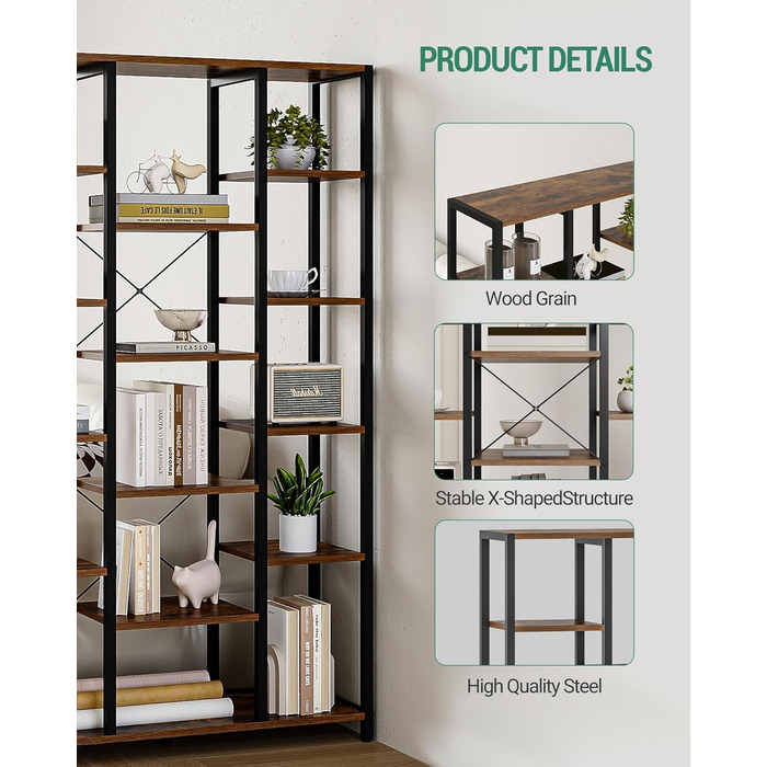 Книжкова полиця Hzuaneri, стояча полиця з 6 рівнями та 15 полицями, регульовані відкриті полиці, для вітальні, офісу, спальні, 30 x 100 x 170 см, вінтажний коричнево-чорний, BC15001B 30 x 100 x 170 см вінтажний коричнево-чорний
