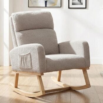 Крісло-гойдалка, крісло для годування, м&39яке крісло для годування з дерев&39яними ніжками та боковими кишенями, крісло-гойдалка з високою спинкою для годування грудьми у вітальні, спальні та дитячій кімнаті (світло-сірий ведмедик)