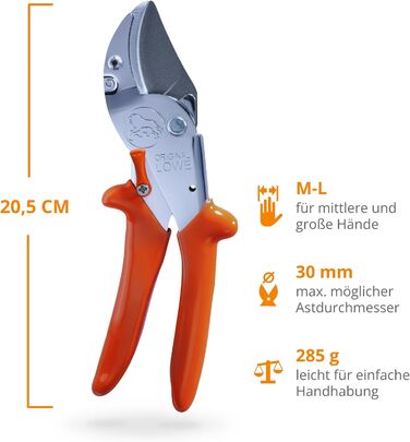 Оригінальні садові ножиці LWE 10 Professional Anvil 10.107 з обхідною геометрією - інноваційні гострі ножиці з ергономічними ручками та антипригарним покриттям на сталевому лезі для різання у садівництві