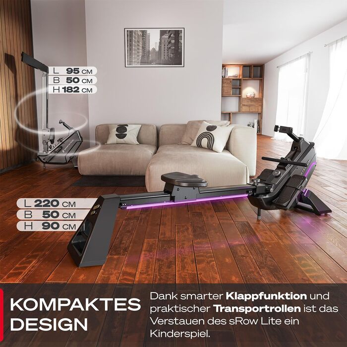 Гребний тренажер преміум-класу Sportstech sRow/10 дюймів/Lite для домашнього використання сенсорний дисплей/ручка - якісний німецький бренд - додаток з тренуваннями та курсами, складний гребний тренажер зі світлодіодною технологією, домашній спортзал sRow