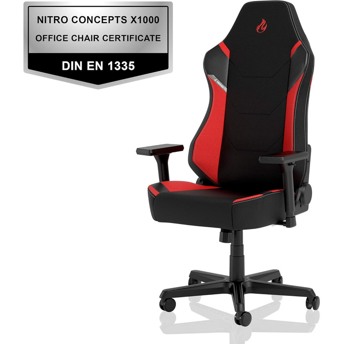 Ігрове крісло NITRO CONCEPTS X1000, ергономічне офісне крісло, обертове стільце з колесами, ігрове крісло, комп&39ютерне крісло з тканинним чохлом, вантажопідйомність 135 кг - чорне/червоне, стандартне