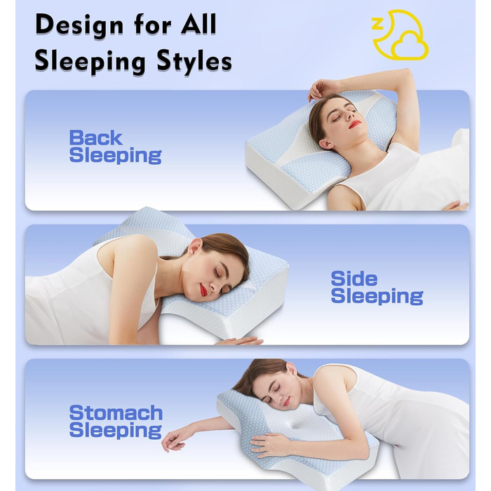 Подушка для шиї з піни з ефектом пам&39яті для полегшення болю в шиї, контурна подушка для сну, ортопедична з наволочкою для сну на боці, спині та животі, охолоджувальна O2-синьо-біла