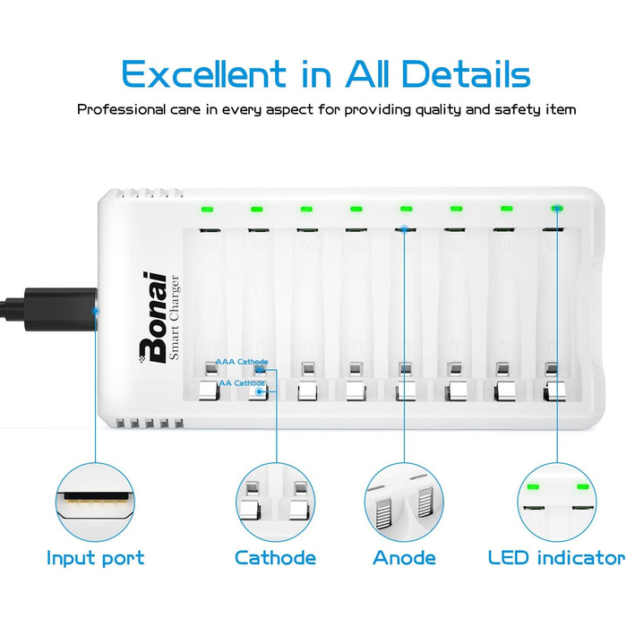 Зарядний пристрій BONAI для акумуляторів AA AAA NI-MH NI-Cd зі світлодіодним дисплеєм, швидкий зарядний пристрій UAB з батарейками AAA 1100mAh, 8 шт., зарядний пристрій 8AAA