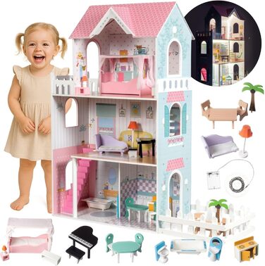 Дерев&39яний ляльковий будиночок 123 см зі світлодіодним підсвічуванням Великий ляльковий будиночок для дітей віком від 3 років з меблями та садом Ляльковий будиночок з підсвічуванням та аксесуарами Креативний ігровий будиночок для дівчаток