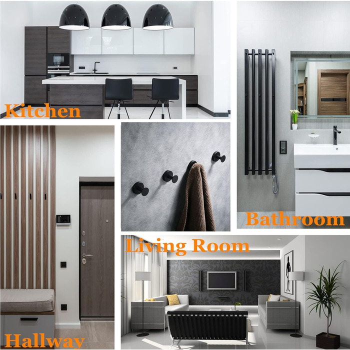 Настінні гачки для ванної кімнати, гачки для одягу, гачки для рушників, настінні, 4 шт., чорні аксесуари, надміцні, вішалка для капелюхів, вішалка для одягу, чорний, 9777B-4