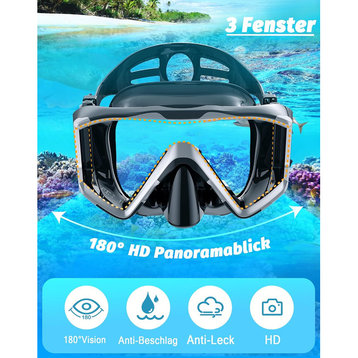 Набір для дорослого підводного плавання, маска для дайвінгу з трубкою, маска для підводного плавання з 3 вікнами, захист від запотівання, захист від протікання, професійний набір для дорослого підводного плавання, плавання та дайвінгу, сріблястий чорний
