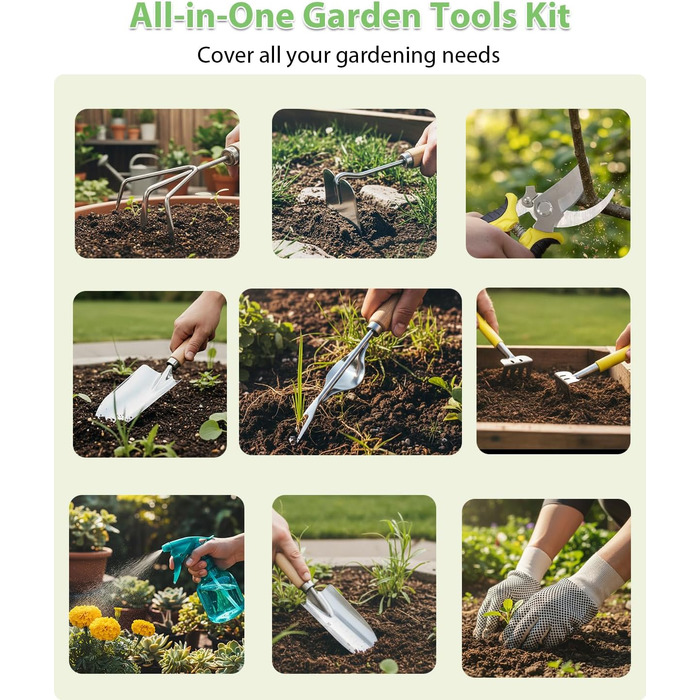 Набір садових інструментів MOSFiATA Gartenwerkzeug 12 предметів, міцна нержавіюча сталь, дерев'яні ручки з антиковзким покриттям та водонепроникна сумка для транспортування