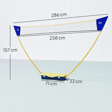Сітка для бадмінтону HOMCOM з підставкою, підставка для сітки для бадмінтону, портативна підставка для сітки, сітка для бадмінтону з 4 ракетками для бадмінтону, для спорту на свіжому повітрі, жовтийсиній, 286 x 33 x 157 см