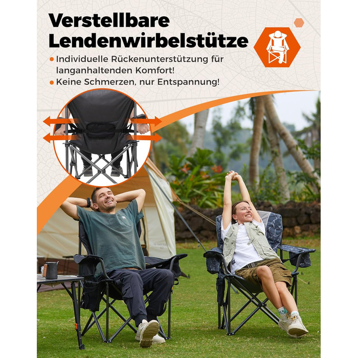 Крісло для кемпінгу KingCamp, складне, міцне, для дорослих, висота 205 кг, складні кемпінгові крісла, з регульованою поперековою опорою, сумкою-холодильником та підлокітниками, висока спинка, садове крісло, риболовля M - чорний сучасний