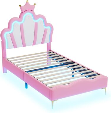 М&39яке ліжко 90x200, дитяче ліжко з рейковою основою та світлодіодним освітленням, плоске ліжко з узголів&39ям у формі хмари, ліжко принцеси у формі корони, м&39яка оббивка зі штучної шкіри 90x200 см рожевого кольору