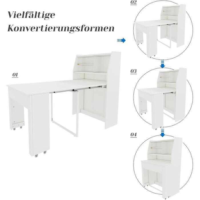 Розсувний обідній стіл, маленький, розсувний в одному напрямку, біла шафа для зберігання в їдальні, багатофункціональний обідній стіл, що економить місце, 52/132,5x80x76 см