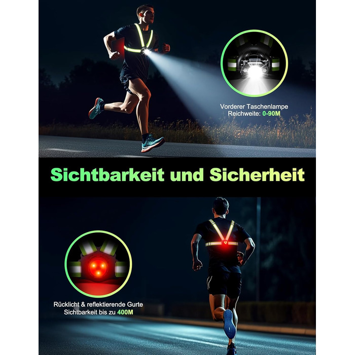 Біговий ліхтар для бігу, нагрудний ліхтар альтернатива налобному ліхтарю, 500 люмен, нахил 45, 2 кольори світла, заряджання через USB-C, IPX4, подвійний ремінець із відбивачами на 360 для кемпінгу, активного відпочинку на свіжому повітрі, їзди на велосипе