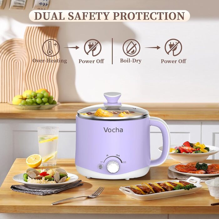 Електрична гаряча каструля Vocha, маленька каструля 1,6 л з функцією підтримки тепла, портативна каструля для швидкого супу, мультиварка для супу/рамену/макаронів/вівсянки/яєць, з подвійною потужністю (фіолетова)