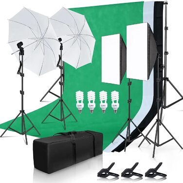 Комплект фотостудії Andoer, система підтримки фону 2M x 3M Greensreen Set, комплект студійного освітлення Softbox з лампочкою 5600K, біла парасолька м'якого світла, фотолампи для портретної відеозйомки продукту