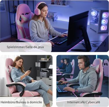 Шкіряне ігрове крісло, поворотне на 360 та ергономічне, з підголівником, поперековою опорою та підставкою для ніг, рожево-біле