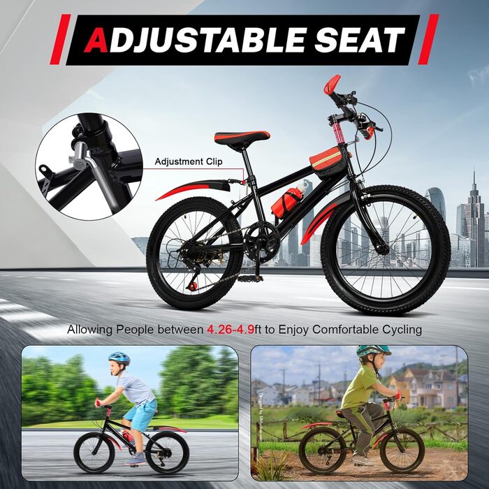 Дюймовий дитячий гірський велосипед, 7-швидкісний дитячий велосипед для хлопчиків та дівчаток з пляшкою для води, сумкою для зберігання, дзвіночком-компасом, велосипед з вуглецевої сталі, вантажопідйомність 85 кг, червоний, 20-
