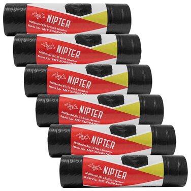 Екологічні пакети для сміття зі шнурком, 35 л, преміум-пакет для сміття, стійкий до розривів, герметичний, 23 мкм, 50x60 см, чорний, 15 пакетів для сміття в рулоні, 6 рулонів