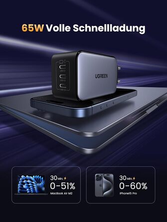 Адаптер живлення з 3 шт. USB-C портом швидкої зарядки Компактний зарядний пристрій, сумісний з MacBook Pro/Air, ноутбуком HP, iPad