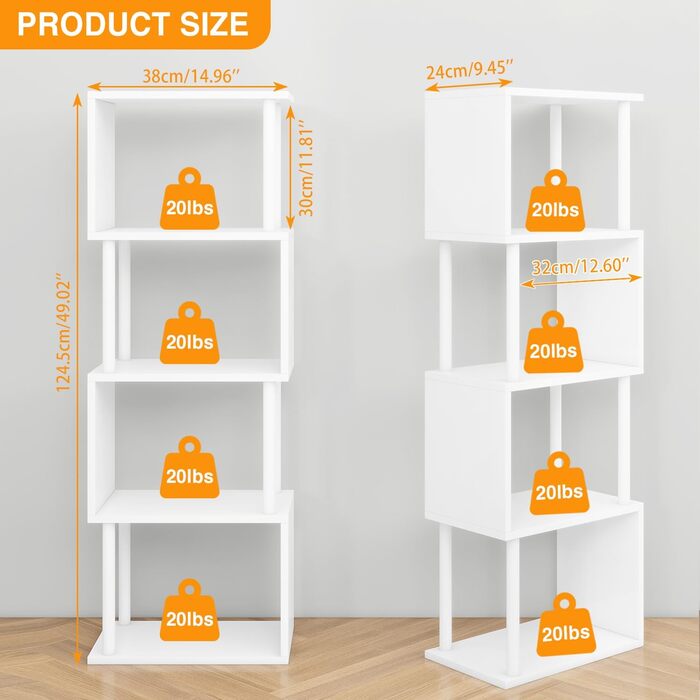 Ярусна книжкова полиця IBUYKE, S-подібна книжкова полиця, роздільник кімнати, сходинкова полиця з місцем для зберігання, сучасна книжкова полиця, декоративна полиця для вітальні, спальні, домашнього офісу, біла WBC015W 5 ярусів білого кольору, 5-