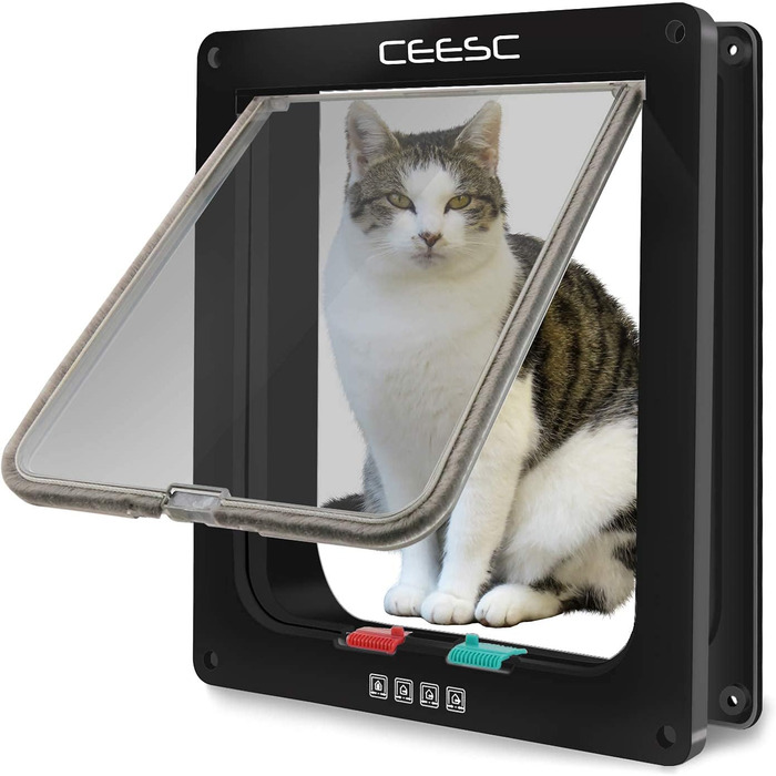 Великі котячі дверцята CEESC (зовнішній розмір 28 x 24,9 см), великі котячі дверцята з 4-стороннім замиканням, водонепроникні котячі дверцята для домашніх тварин з обхватом <63 см