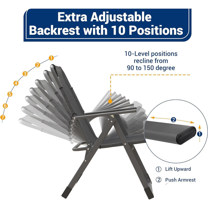 Балконні стільці UDPATIO Набір з 2 садових стільців штабельований складний, регульована спинка в 10 напрямках з підлокітником, вантажопідйомність 120 кг (2, сірий) 2 сірих