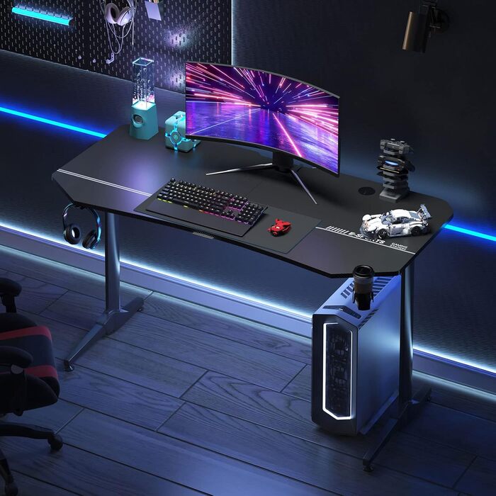 Ігровий стіл Т-подібної форми, великий ігровий комп&39ютерний стіл, робочий стіл з килимком для миші, підставкою для склянок та гачком для навушників, 160x70x75 см, чорний BHEU-NE-1675