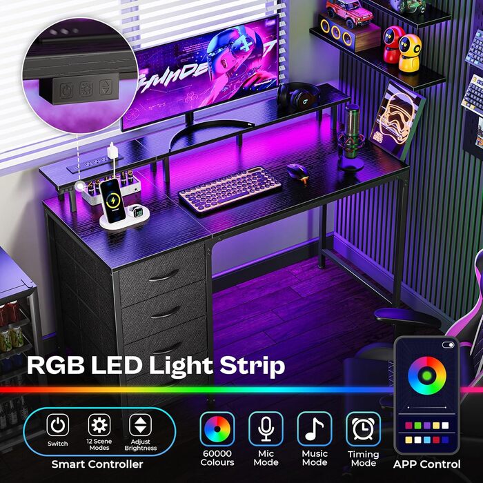 Комп&39ютерний стіл Huuger 119 см з розетками та світлодіодним підсвічуванням, ігровий стіл з 4 шухлядами, офісний стіл з підставкою для монітора, студійний стіл для дому та офісу, 119 см, чорний