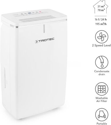 Електричний осушувач повітря TROTEC TTK 72 E продуктивність 16 л/добу для площі 50 м / 125 м з автовідключенням для квартири та спальні