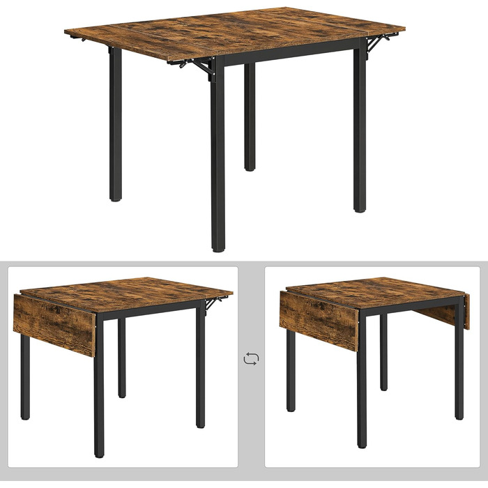 Обідній стіл VASAGLE, розкладний кухонний стіл для 2-4 осіб, для невеликих приміщень, вінтажний коричнево-чорний KDT077B01 коричневий (стільці не входять до комплекту)