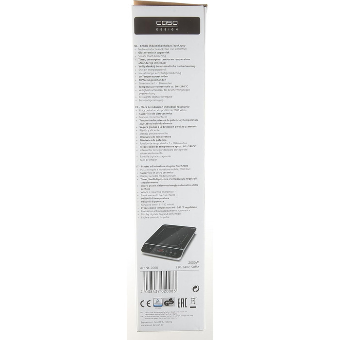 Одна індукційна варильна поверхня, 2000 Вт, автоматичне визначення горщика, 10 рівнів температури, 10 рівнів потужності, таймер до 180 хв, склокерамічна поверхня, температура приблизно 60 240 C Одинарна індукція Чорний, Сріблястий, 2000 -