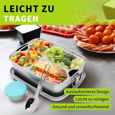 Ланчбокс iDattel з нержавіючої сталі, 2000 мл герметичний контейнер для обіду з роздільниками та силіконовою прокладкою, без BPA. Ідеально підходить для пікніків, школи, роботи. Металевий ланчбокс з текстильним чохлом для дорослих та дітей.