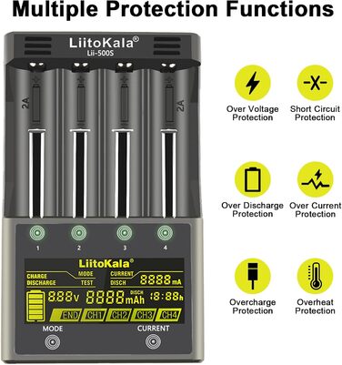 Зарядний пристрій LiitoKala Lii-500S для акумуляторів 18650, швидкий зарядний пристрій з РК-дисплеєм та сенсорним керуванням, зарядний пристрій на 4 слоти для акумуляторів типу АА з адаптером 12 В 3 А для літій-іонних, AA, AAA, Ni-MH, Ni-CD акумуляторів 1