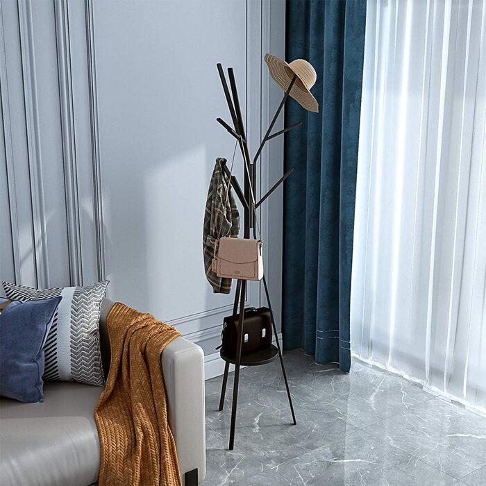 Підлогова вішалка для передпокою дерево - чорна вішалка висотою 180 см з полицею і 9 гачками для сумочки-куртки-шарфа, Freestandin