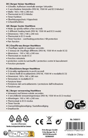 Керамічний вентилятор-обігрівач BERGER HeatWave з пультом дистанційного керування Тихий портативний обігрівач для кемпінгу, майстерні, офісу, ванної кімнати Швидко нагрівається за 3 секунди 3 режими нагріву Енергозберігаючий та безпечний