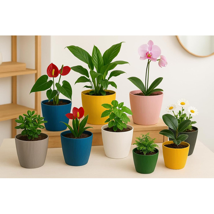 Прикраси для дому та саду, кашпо та квітковий горщик, набір з 3 шт. , виготовлені з пластику, без дренажних отворів, горщик у смугастий візерунок для кімнатних рослин (кремовий, 18 см) Ø 18 см (7,08 дюйма) Кремовий