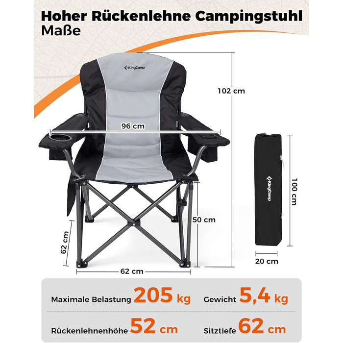 Крісло для кемпінгу KingCamp, складне, міцне, для дорослих, висота 205 кг, складні кемпінгові крісла, з регульованою поперековою опорою, сумкою-холодильником та підлокітниками, висока спинка, садове крісло, риболовля M - чорний сучасний