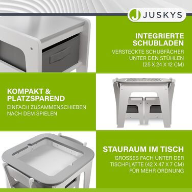 Дитячий комплект сидіння Juskys Milou - Комплект з 2 стільцями та 1 столом - Дерев&39яний дитячий стіл - Ігровий стіл з місцем для зберігання - Комплект сидіння для дітей, Художній стіл - Сірий