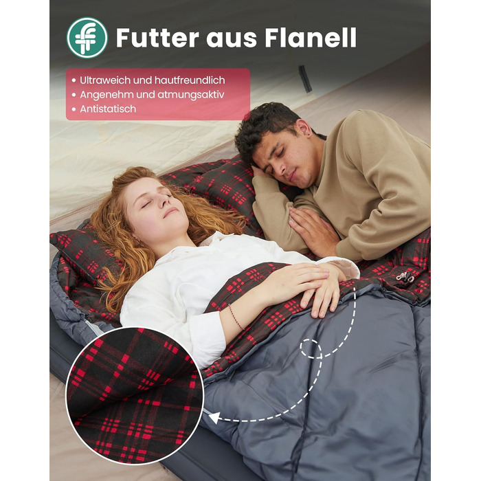 Подвійний спальний мішок KingCamp, бавовняний фланелевий зимовий спальний мішок для 2 осіб, тепла ковдра-спальний мішок, 3-4 сезони з 2 фланелевими подушками для дітей та дорослих, кемпінг, подорожі та активний відпочинок, довгий - сірий