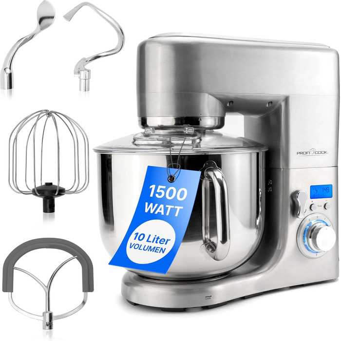 Кухонний комбайн ProfiCook з чашею з нержавіючої сталі XXXL Міксер 10 л з двигуном 1500 Вт Тістомісильна машина з гаком і віночком Машина для замішування тіста Захист від бризок з отвором для наповнення PC-KM 1096 Нержавіюча сталь 10 літрів