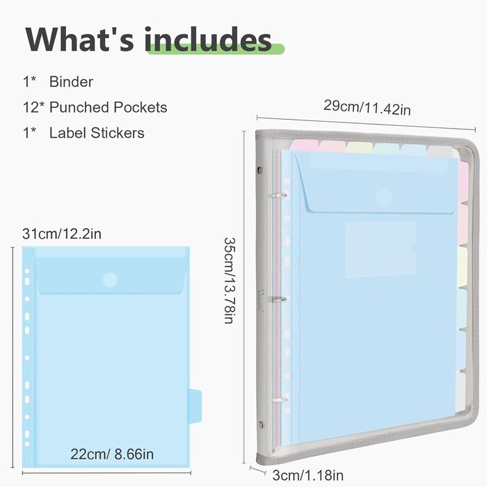 Папка-органайзер Uquelic, папка для документів A4 з 12 пластиковими кишенями для документів, водонепроникна папка з ПВХ на блискавці папка для школи, дому, офісу (сіра)
