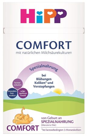 Спеціальний корм HiPP Comfort (4 x 600 г), з народження, зі зниженим вмістом лактози, для дієтичного лікування кольок, метеоризму та закрепів. Новинка спеціального корму Comfort