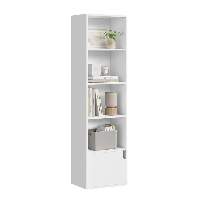 Біла книжкова полиця eSituro, вузька полиця з дверцятами, 5 відділень, окремостояча кубічна полиця для вітальні, спальні, офісу, 5 відділень, біла