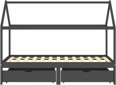 Дитяче ліжко з масиву дерева з 2 шухлядами в стилі будиночку на дереві, 90x200 см, темно-сірий колір, місце для зберігання речей та міцна рейкова конструкція, 206 x 97 x 140 см, темно-сірий колір