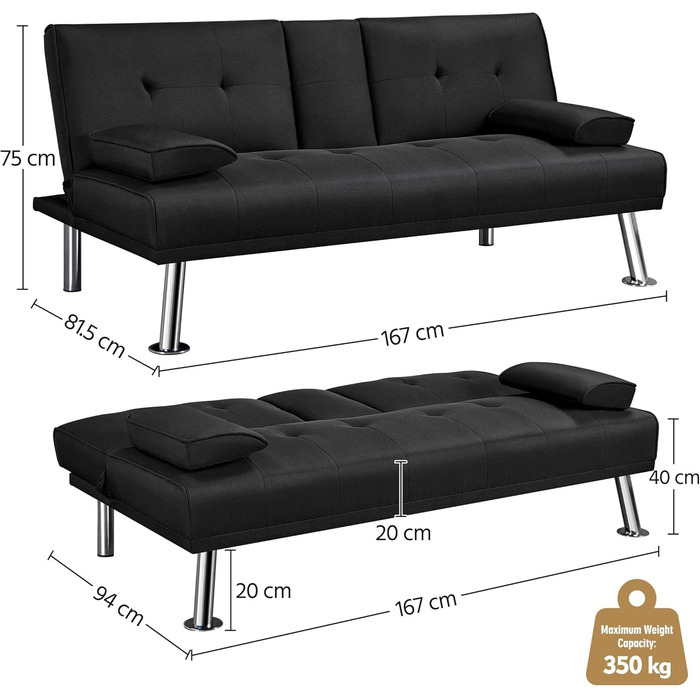 Розкладний диван-ліжко Yaheetech, диван з функцією сну, диван-ліжко з великою спальною зоною 167 см Д 94 см Ш для вітальні/спальні/домашнього кінотеатру/гостьової кімнати, чорний