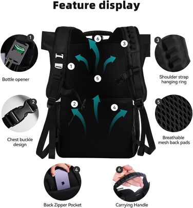 Термальний рюкзак 35 л, рюкзак-холодильник, водонепроникний рюкзак для пікніка з відкривачкою для пляшок, пікніків, кемпінгу, пляжу, походів, подорожей, шопінгу, чорний